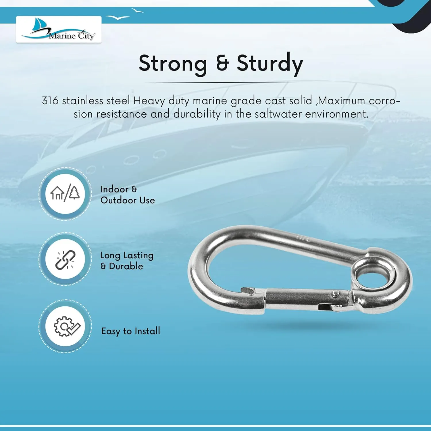 MARINE CITY Carabiner Clip Snap Hook with Ring – 4" 316 Stainless Steel, Rustproof & Heavy Duty, Ideal for Climbing, Fishing, Hiking, Boating, Sailing, Camping