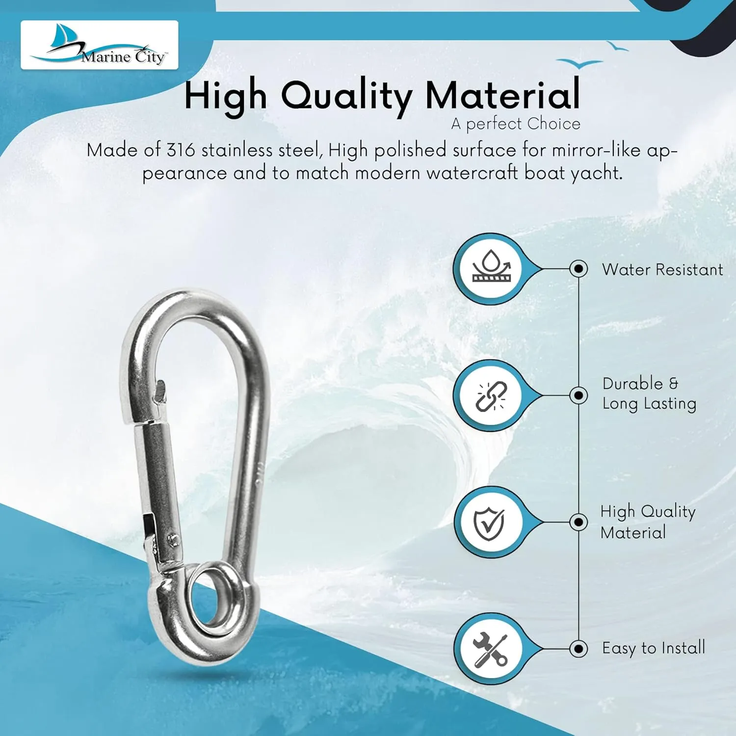 MARINE CITY Carabiner Clip Snap Hook with Ring – 4" 316 Stainless Steel, Rustproof & Heavy Duty, Ideal for Climbing, Fishing, Hiking, Boating, Sailing, Camping