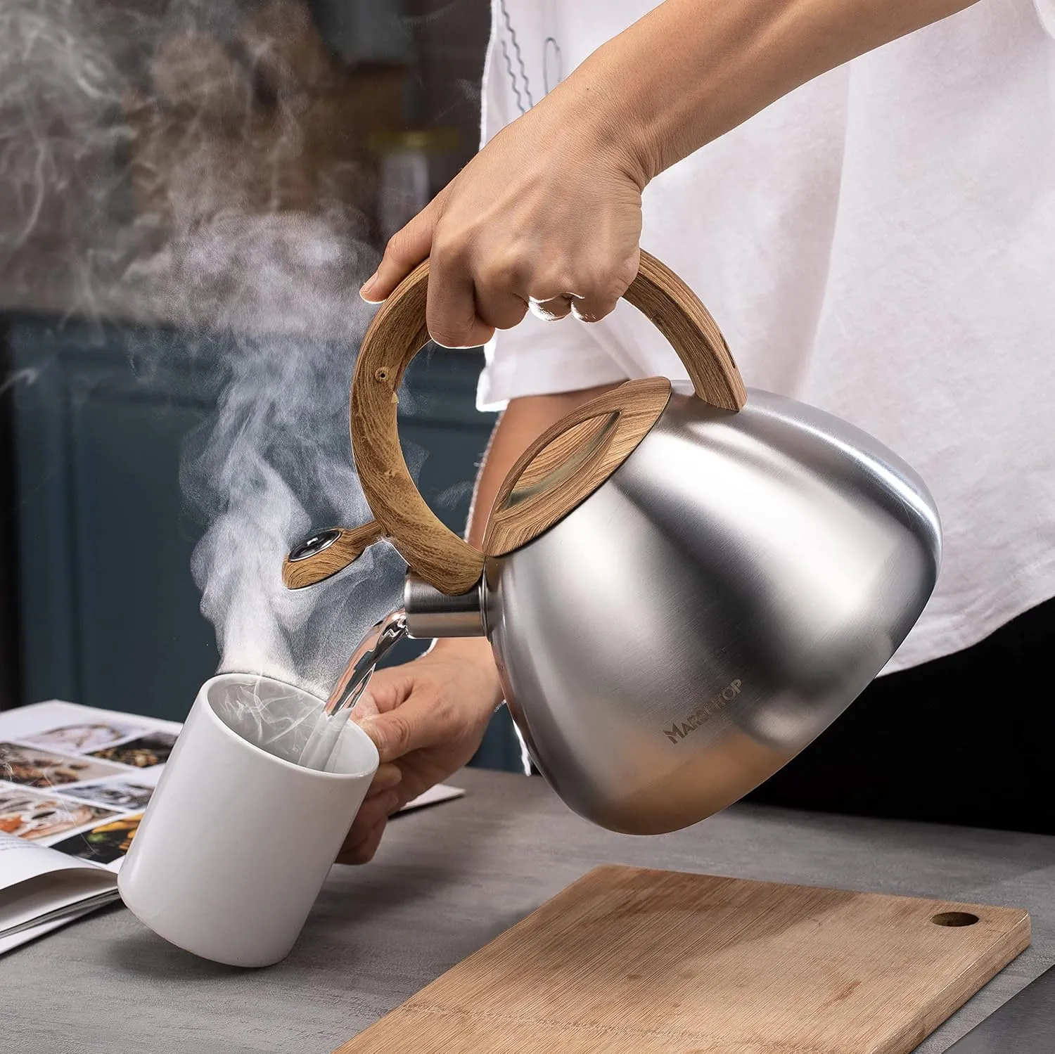 MARSKITOP Tea Pot for Stove Top 2.6 Quart, Stainless Steel Tea Kettle Stovetop Whistling with Stay Cool Handle, Silver
