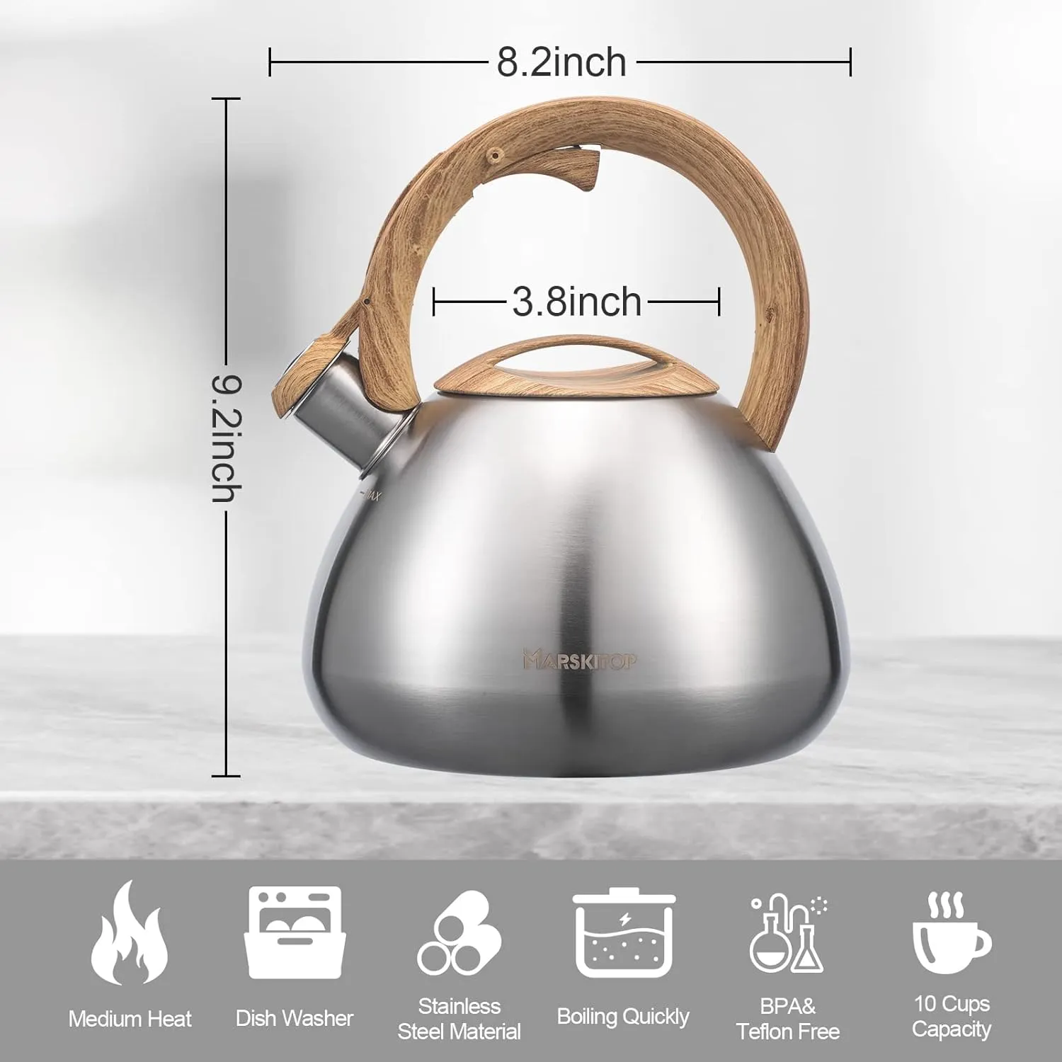 MARSKITOP Tea Pot for Stove Top 2.6 Quart, Stainless Steel Tea Kettle Stovetop Whistling with Stay Cool Handle, Silver