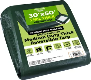 Medium Duty Waterproof 5 Mil. Reversible (Hunter Green/White) Tarp Cover, UV Resistant, Rip and Tear Proof Tarpaulin with Reinforced Edges - for Roof, Camping, Patio, Pool Cover, Boat (30'X50')
