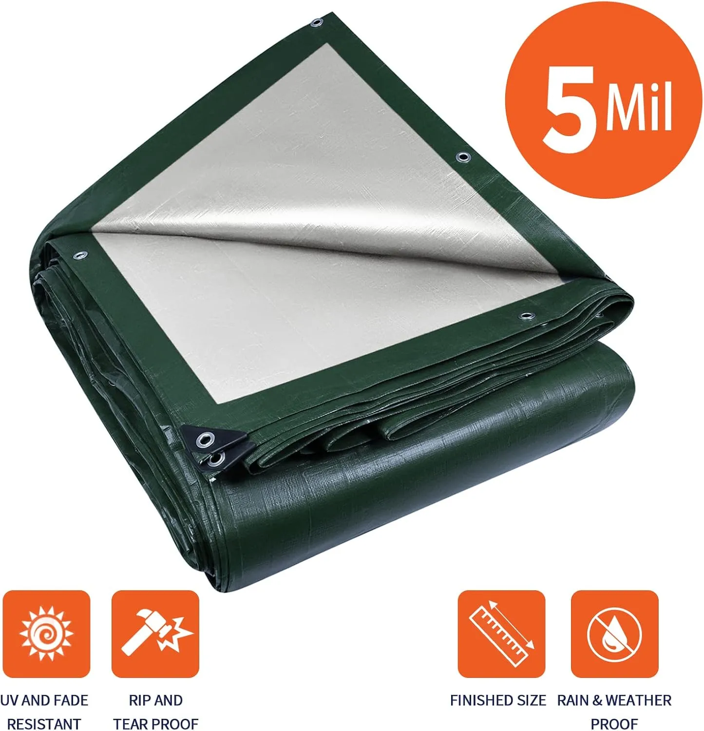 Medium Duty Waterproof 5 Mil. Reversible (Hunter Green/White) Tarp Cover, UV Resistant, Rip and Tear Proof Tarpaulin with Reinforced Edges - for Roof, Camping, Patio, Pool Cover, Boat (30'X50')