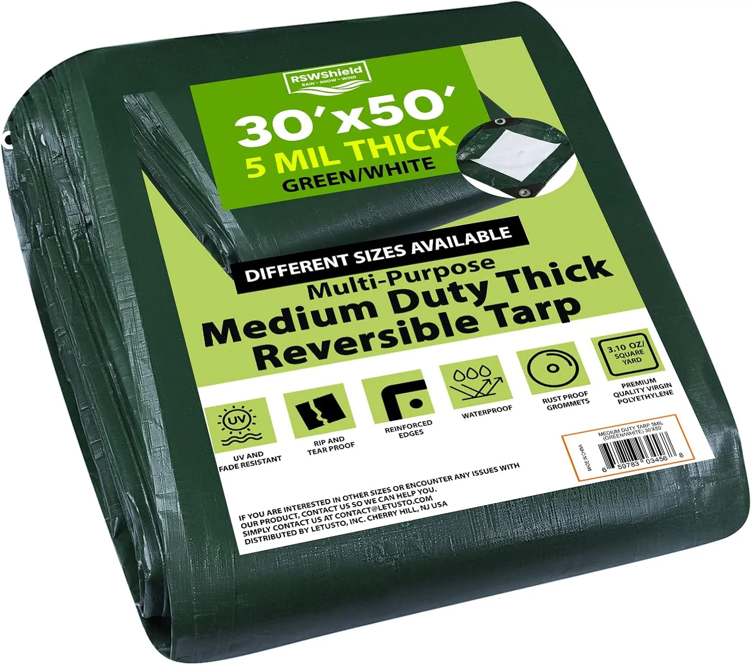 Medium Duty Waterproof 5 Mil. Reversible (Hunter Green/White) Tarp Cover, UV Resistant, Rip and Tear Proof Tarpaulin with Reinforced Edges - for Roof, Camping, Patio, Pool Cover, Boat (30'X50')