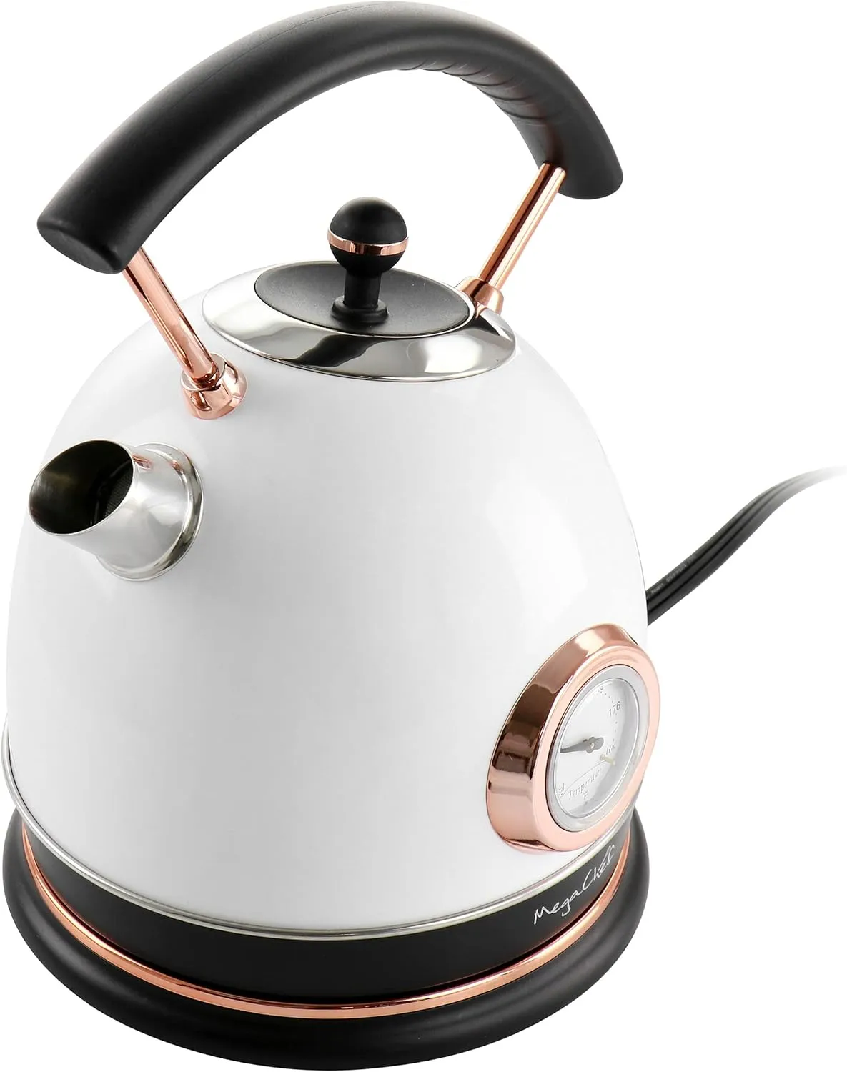 Megachef 1.8 Quarts Half Circle Electric Tea Kettle with Thermostat in White