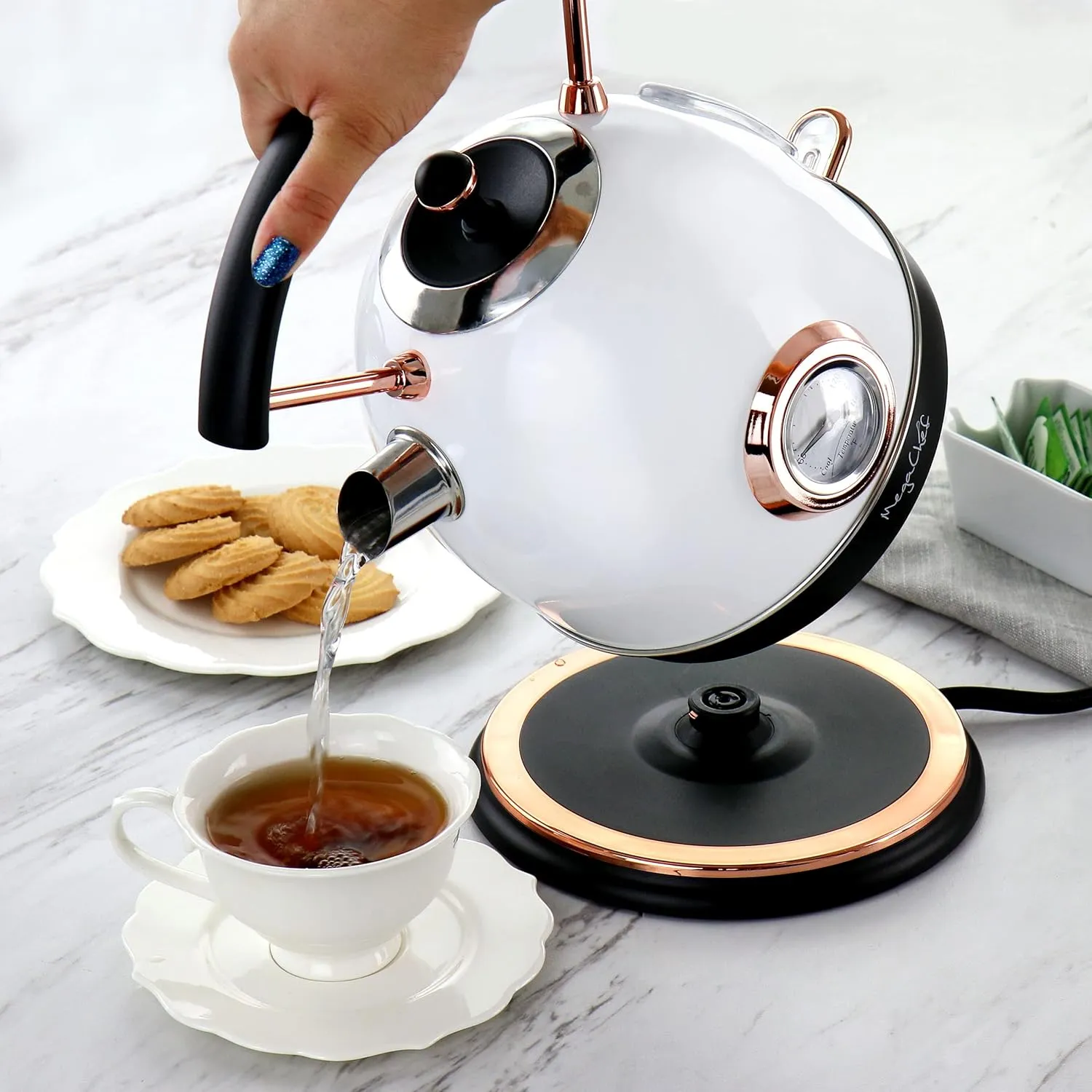 Megachef 1.8 Quarts Half Circle Electric Tea Kettle with Thermostat in White