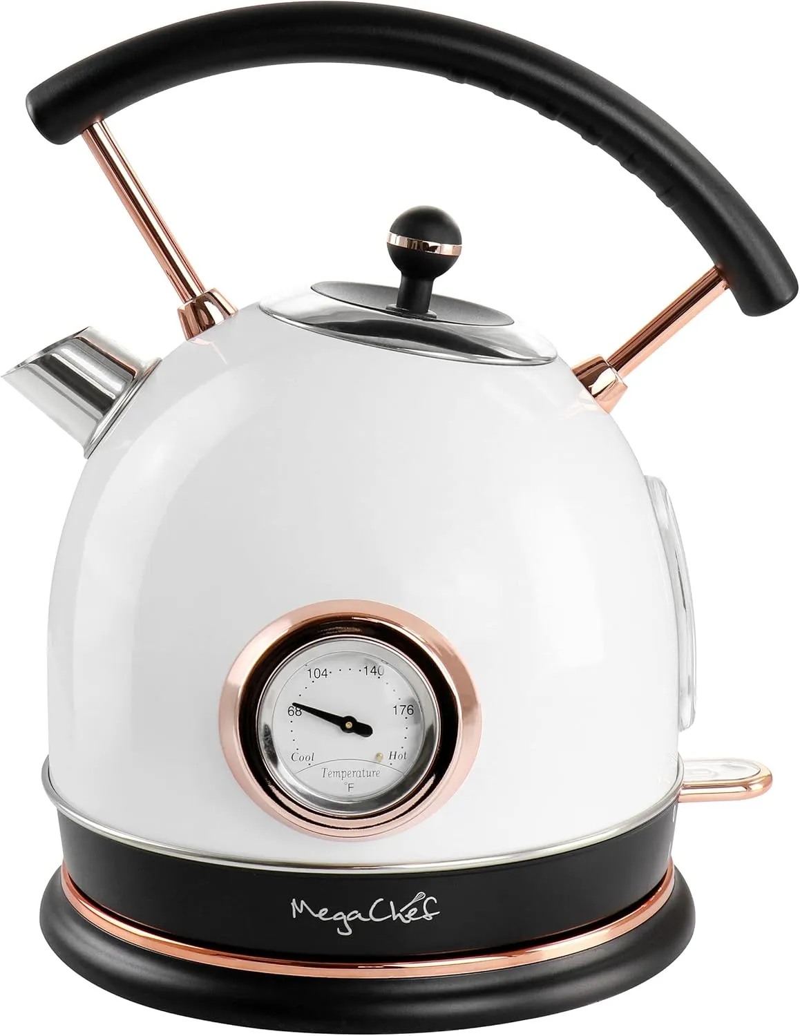 Megachef 1.8 Quarts Half Circle Electric Tea Kettle with Thermostat in White