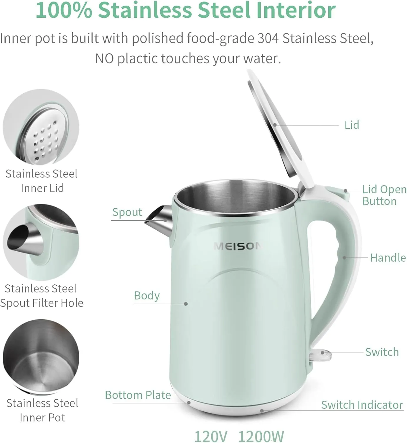 MEISON Electric Kettle, 1.7 L Double Wall Food Grade Stainless Steel Interior Water Boiler, Coffee Pot & Tea Kettle, Auto Shut-Off and Boil-Dry Protection, 1200W, 2 Year Warranty(Blue)