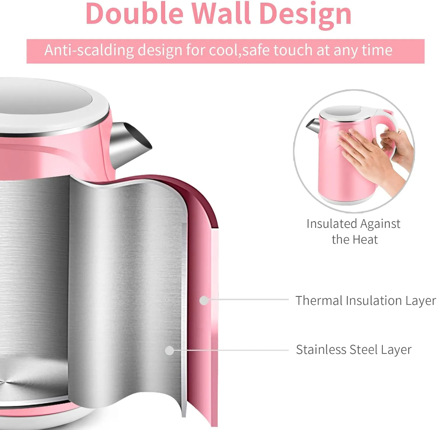 MEISON Electric Kettle, 1.7 L Double Wall Food Grade Stainless Steel Interior Water Boiler, Coffee Pot & Tea Kettle, Auto Shut-Off and Boil-Dry Protection, 1200W, 2 Year Warranty(Pink)