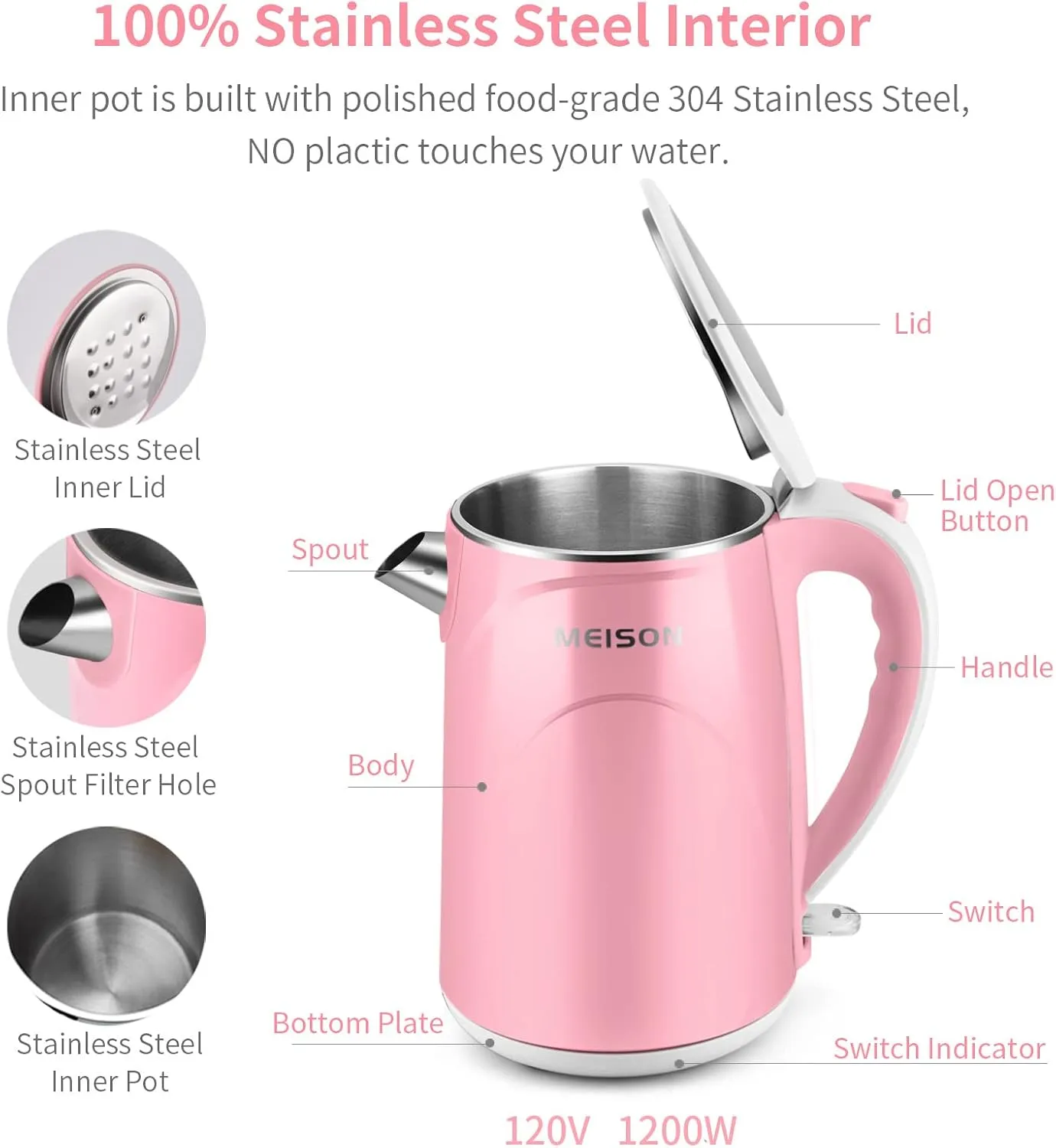 MEISON Electric Kettle, 1.7 L Double Wall Food Grade Stainless Steel Interior Water Boiler, Coffee Pot & Tea Kettle, Auto Shut-Off and Boil-Dry Protection, 1200W, 2 Year Warranty(Pink)