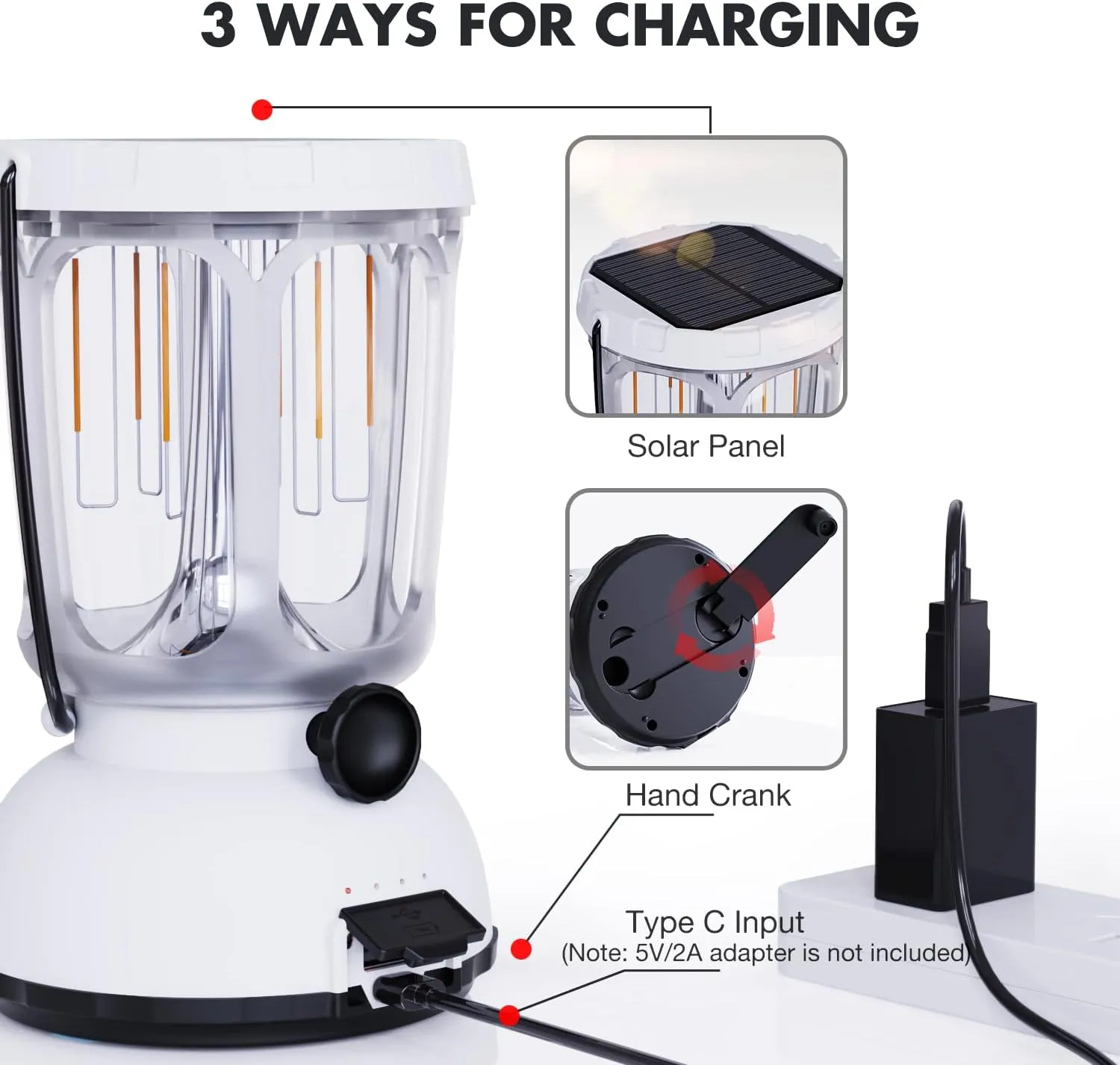 Mesqool Camping Lantern Rechargeable Battery 6000mAh, 650LM LED Lanterns for Power Outages Emergency Hurricane, Solar Hand Crank Lantern for 200 Hours