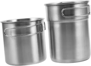 Mikikit Stainless Steel Camping Pot 2-piece Cup Set Folding Handles Easy to Clean for Outdoor Use