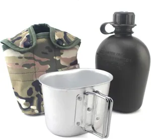 Military Canteen Bottle（1L） with Aluminum Cup(0.7L) & Cover Camouflage Water Bottle PVC Portable Kettle Tactical Bottle Large Aapacity For Outdoor/Hunting/Hiking/Camping/Travelling, SH001