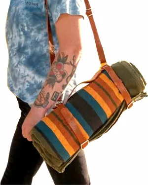 Motorcycle/Cowboy Bedroll - Waxed Canvas Blanket with Vegan Leather Strap - Blanket Roll with Waterproof Backing and Carrier (Olive w/Strap)