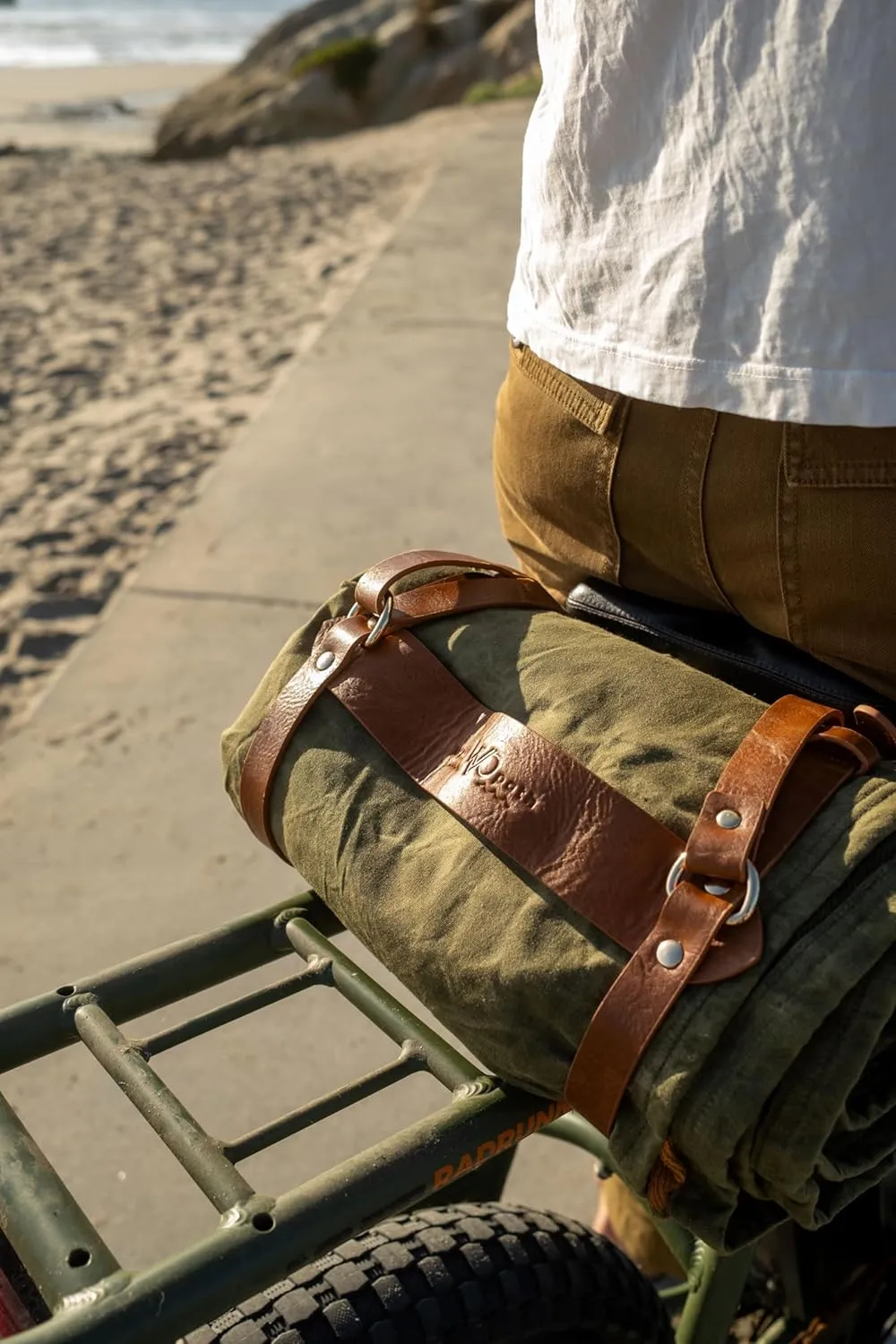Motorcycle/Cowboy Bedroll - Waxed Canvas Blanket with Vegan Leather Strap - Blanket Roll with Waterproof Backing and Carrier (Olive w/Strap)
