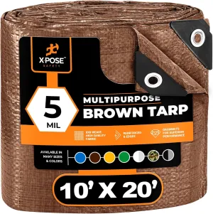 Multipurpose Protective Cover Brown Poly Tarp 10' x 20' - Durable, Water Resistant, Weather Resistant - 5 Mil Thick Polyethylene - by Xpose Safety