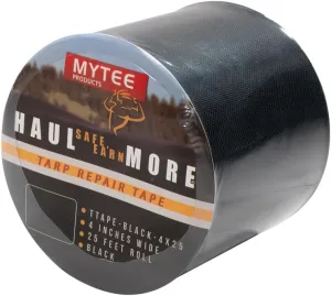 Mytee Products 8.8 oz Waterproof Black Vinyl Tarp Repair Tape 4 Inch x 25 FT with Heavy Duty Adhesive Backing - Tarp Repair Kit