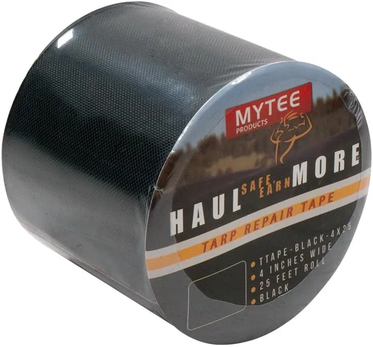 Mytee Products 8.8 oz Waterproof Black Vinyl Tarp Repair Tape 4 Inch x 25 FT with Heavy Duty Adhesive Backing - Tarp Repair Kit