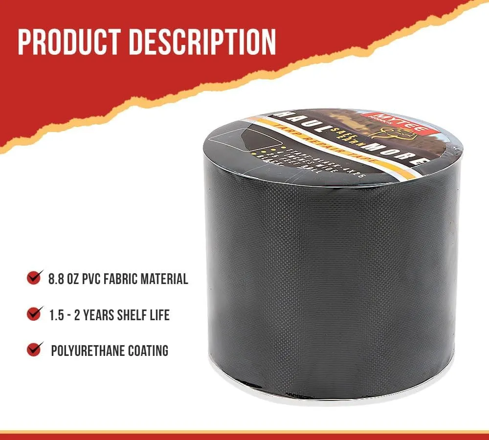 Mytee Products 8.8 oz Waterproof Black Vinyl Tarp Repair Tape 4 Inch x 25 FT with Heavy Duty Adhesive Backing - Tarp Repair Kit