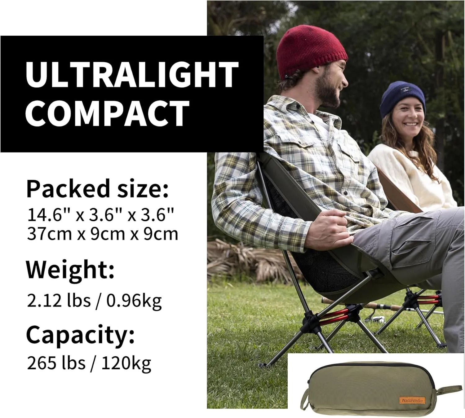 Naturehike YL08 Ultralight Camping Chair, 2.12 LBS Portable Backpacking Chair with Storage Bag & Anti-Sinking Feet, Lightweight Compact Collapsible Camp Chair