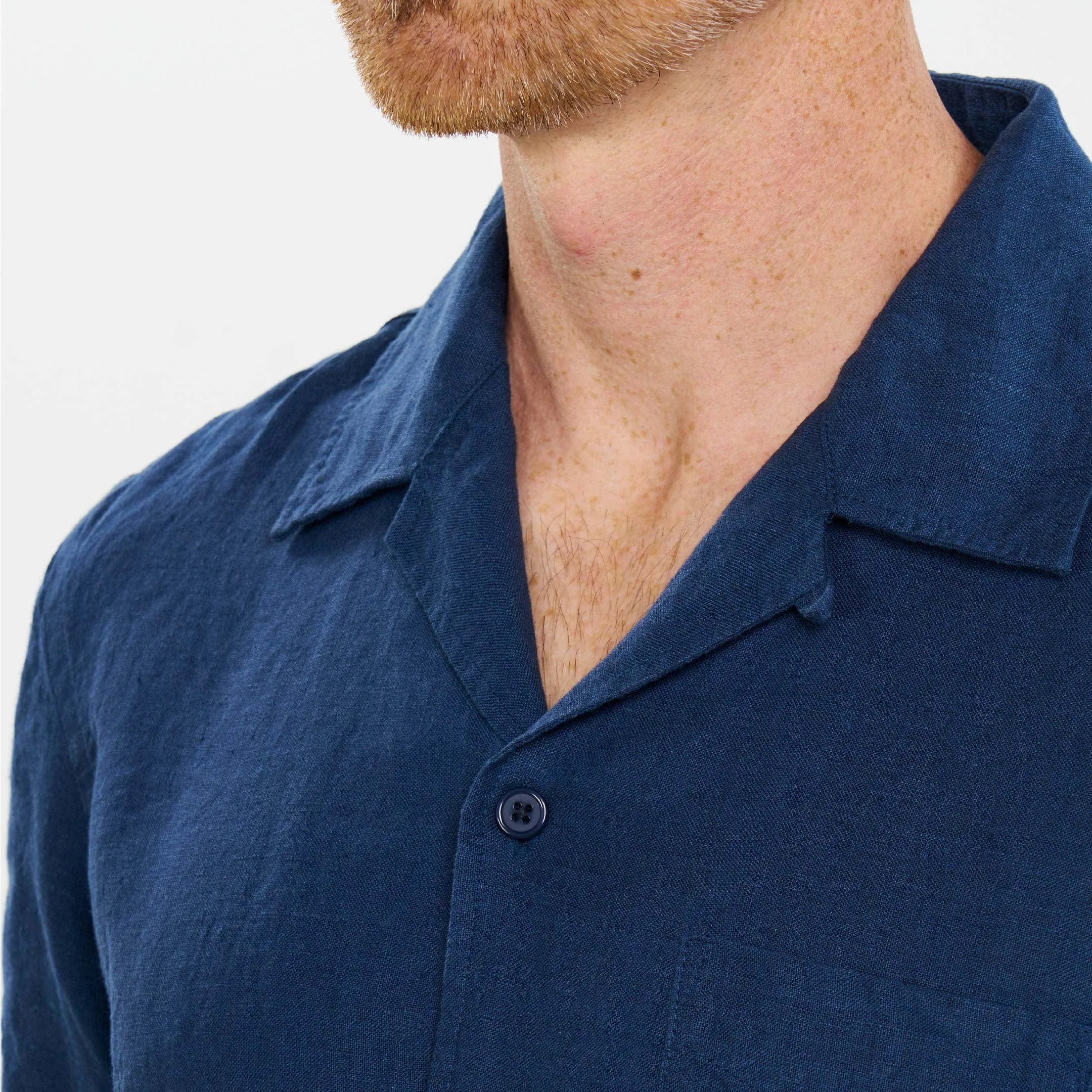 Navy Linen Camp Collar Short Sleeve Shirt