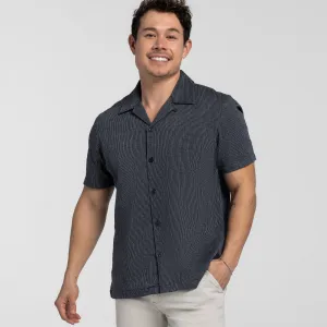 Navy Stripes Linen Camp Collar Short Sleeve Shirt