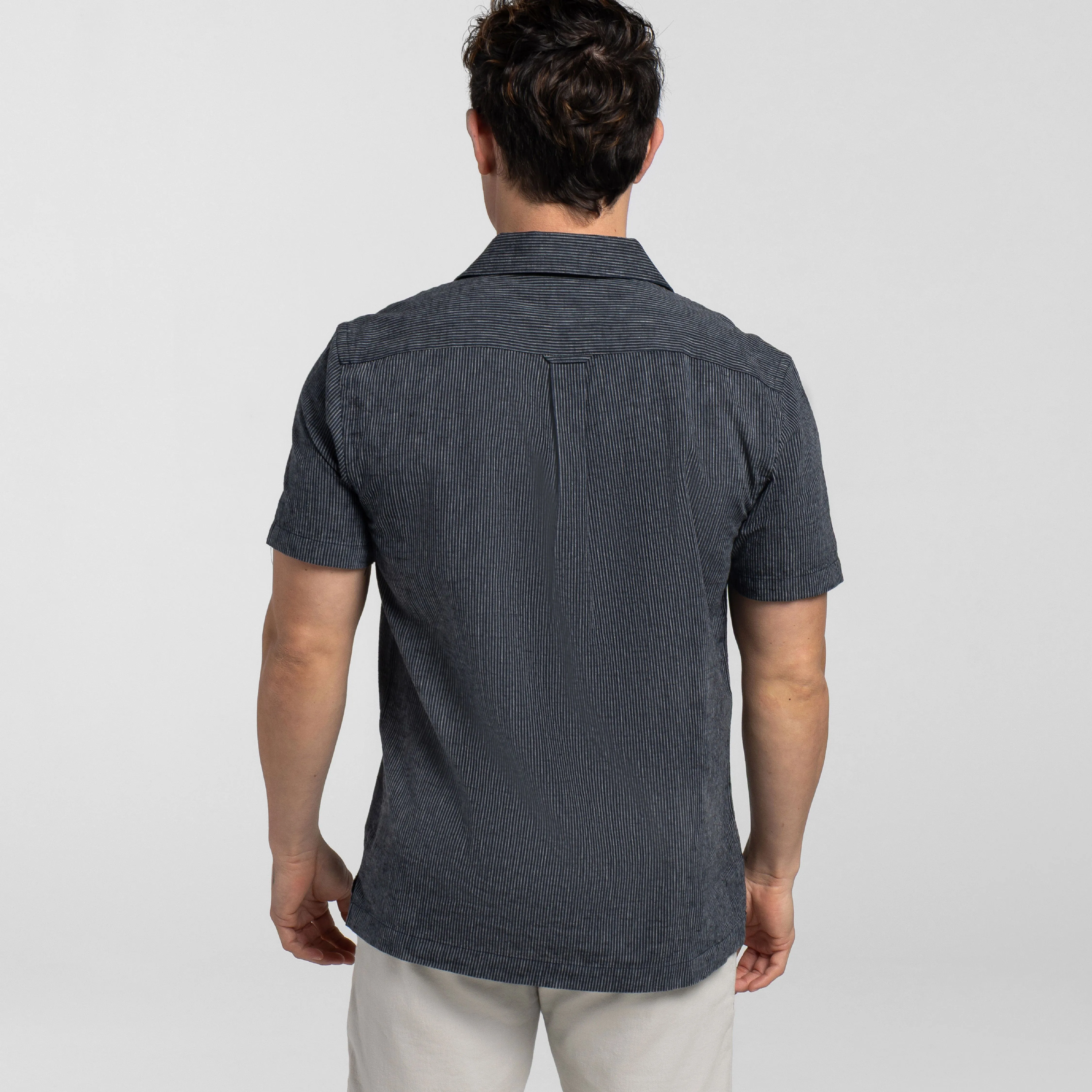 Navy Stripes Linen Camp Collar Short Sleeve Shirt