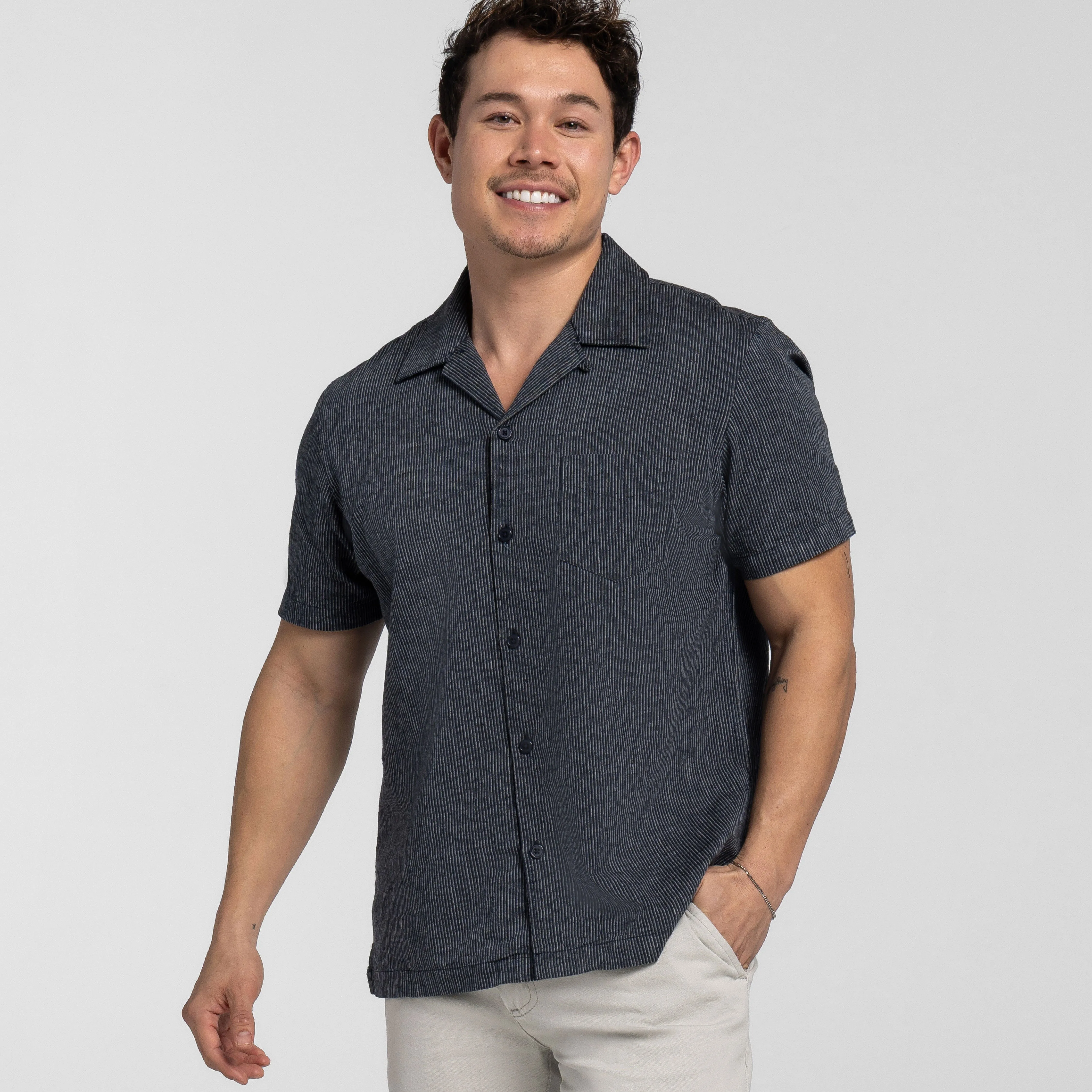 Navy Stripes Linen Camp Collar Short Sleeve Shirt