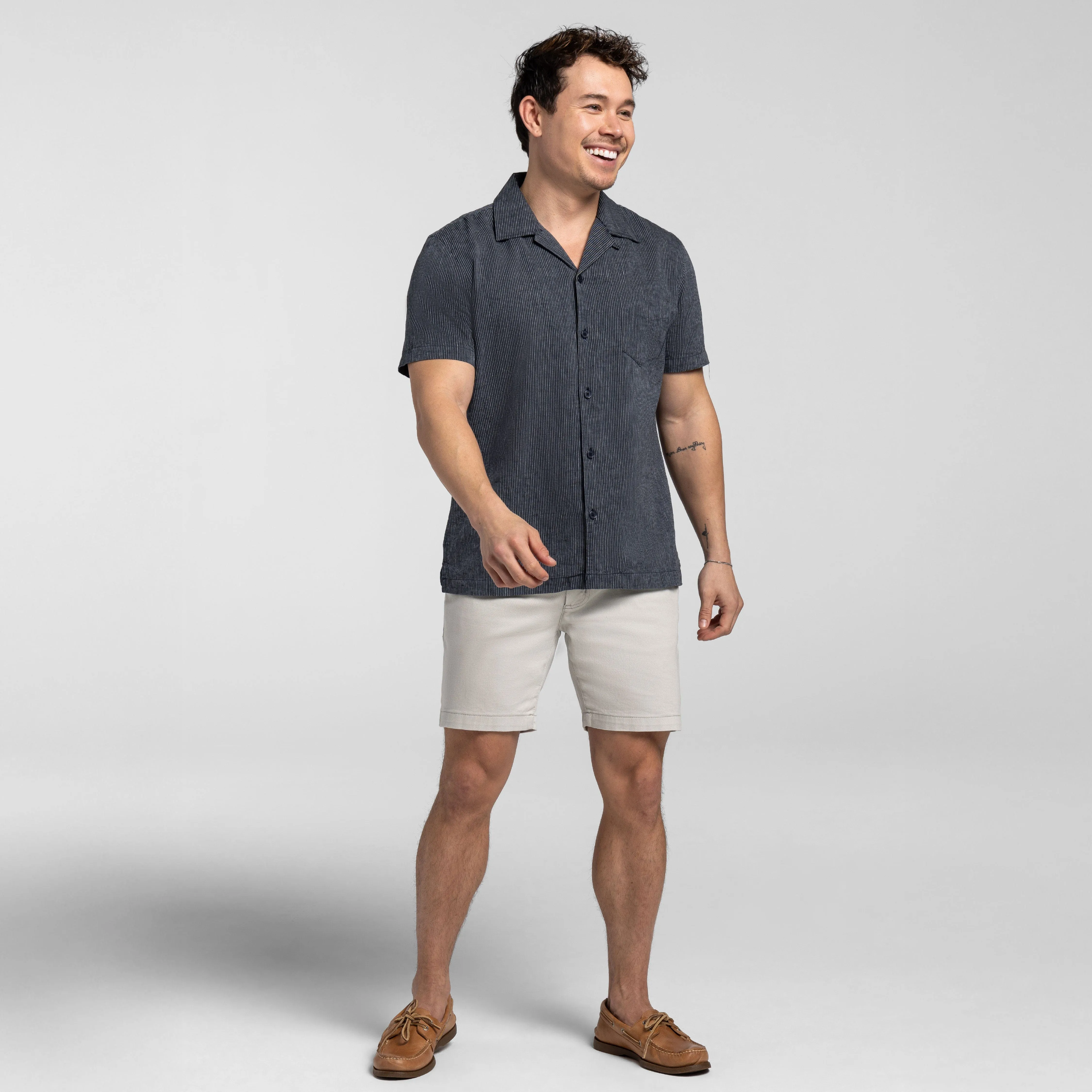Navy Stripes Linen Camp Collar Short Sleeve Shirt