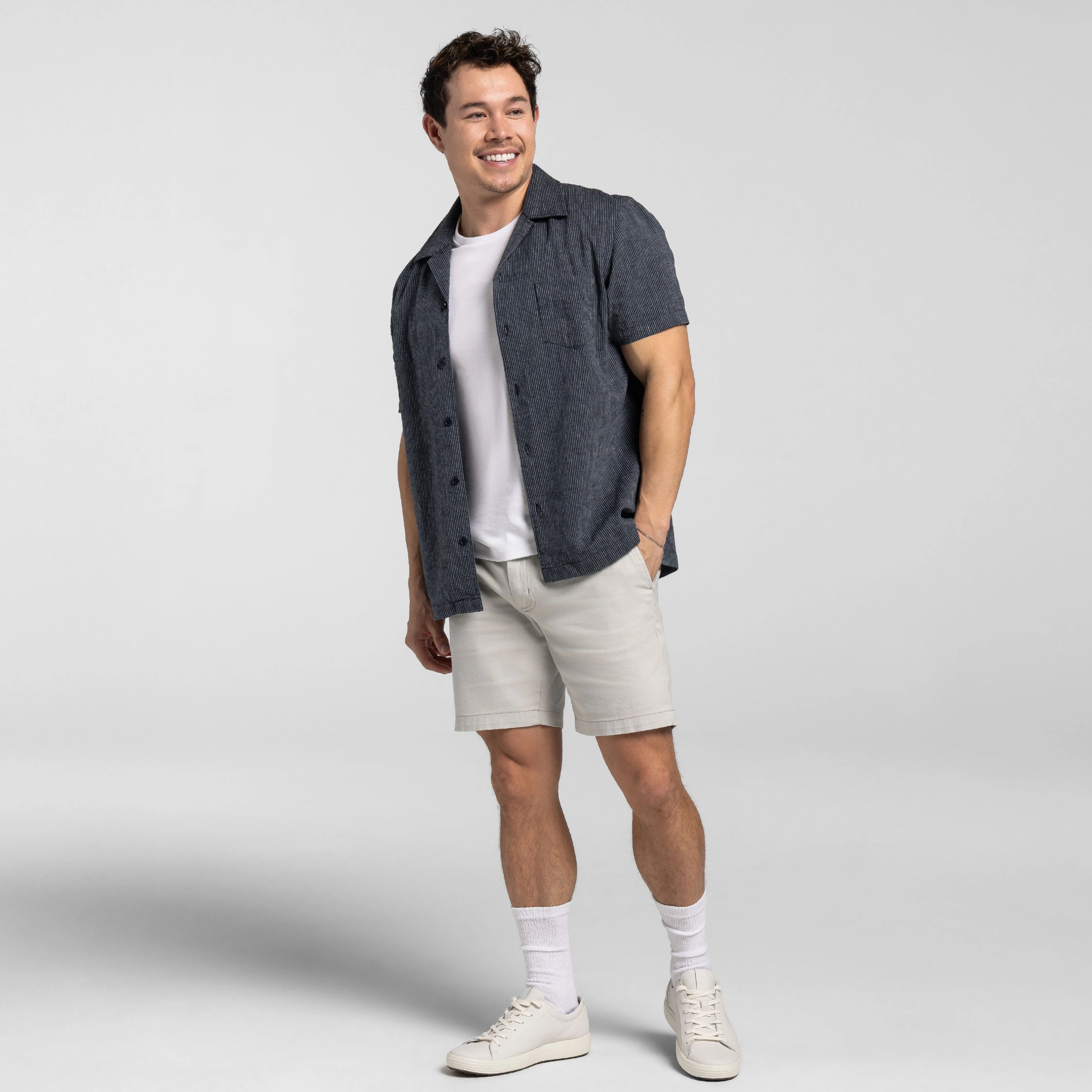 Navy Stripes Linen Camp Collar Short Sleeve Shirt