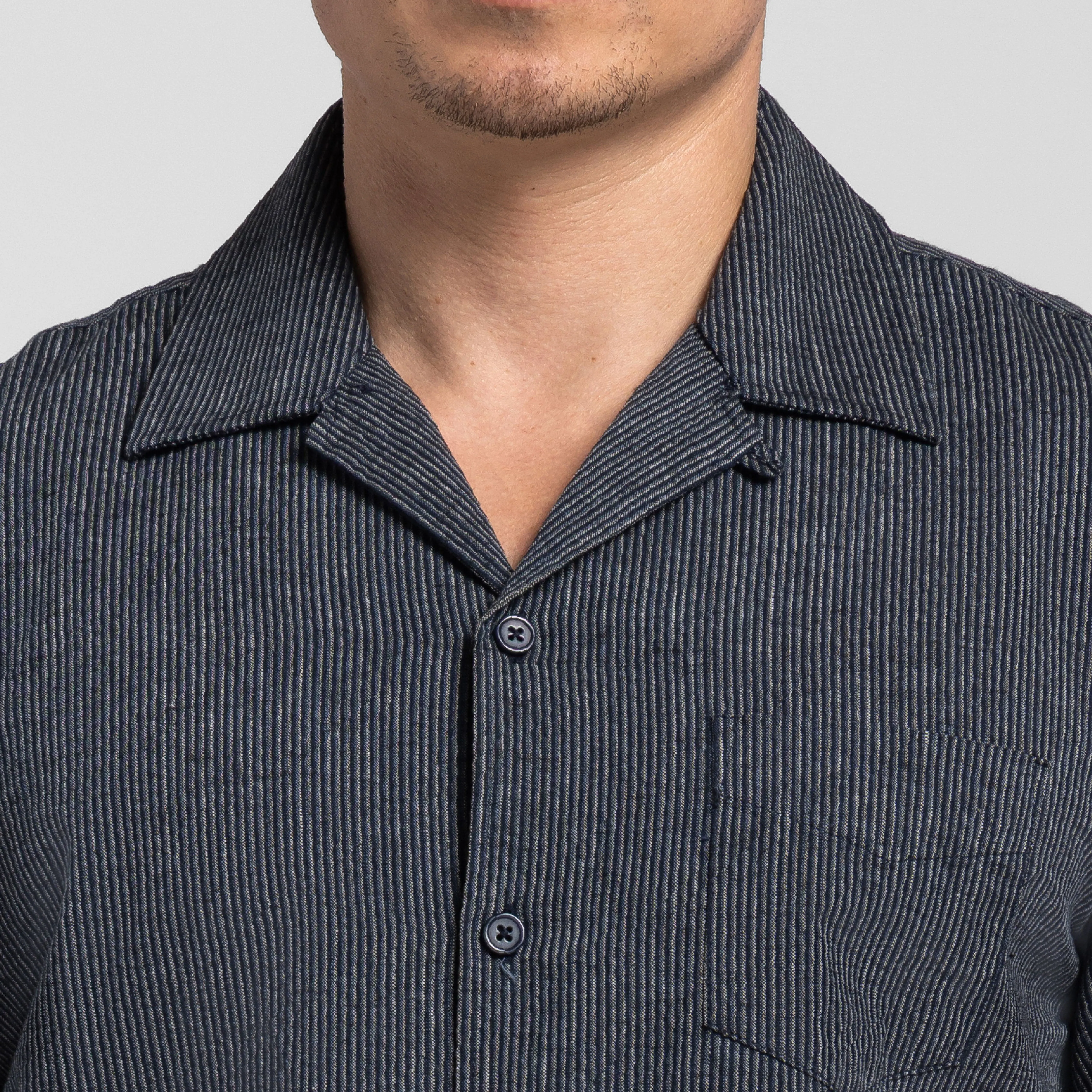 Navy Stripes Linen Camp Collar Short Sleeve Shirt