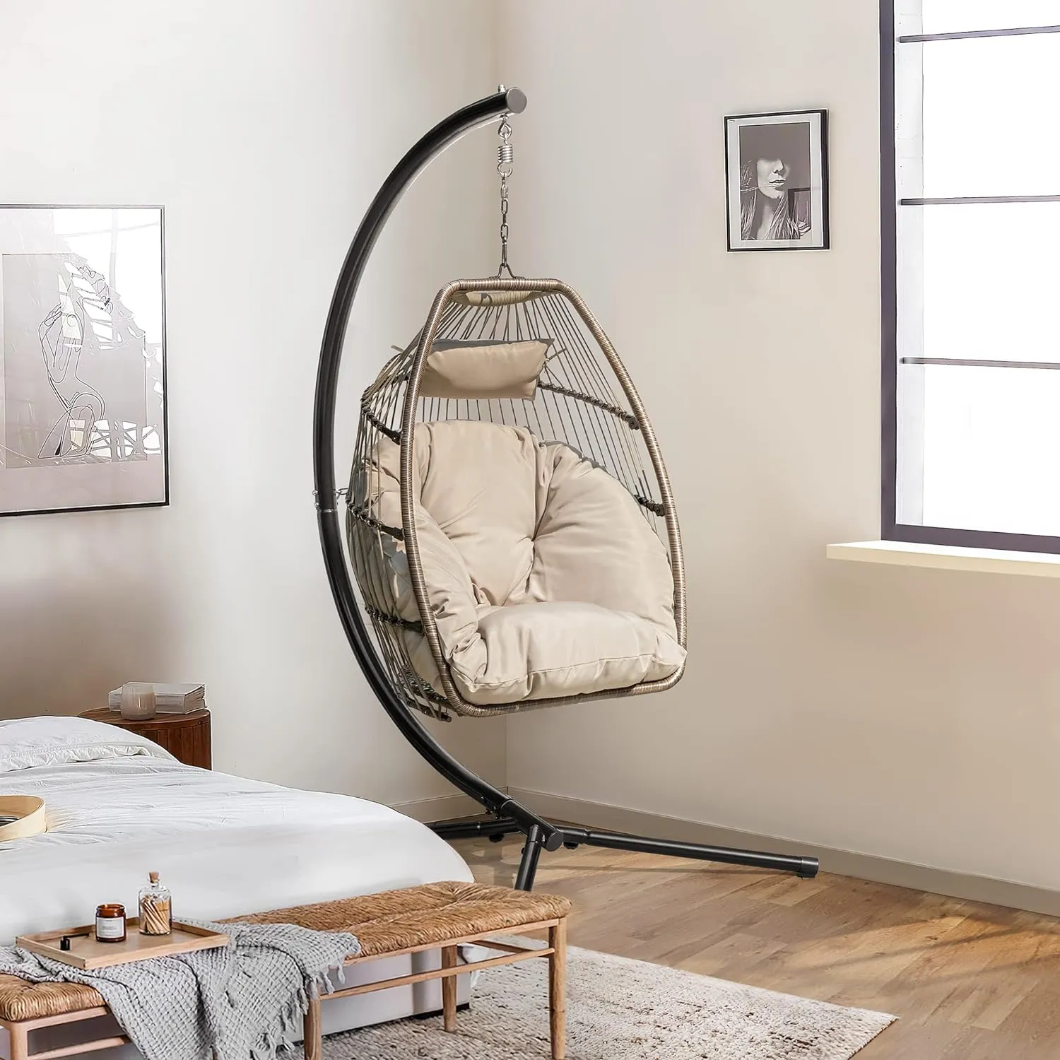 New Egg Chair Indoor Outdoor with Stand Swing Hanging Hammock Chair with Soft Cushion Patio Aluminum Frame Wicker Chair for Outside Bedroom 350lbs Capacity (Beige)
