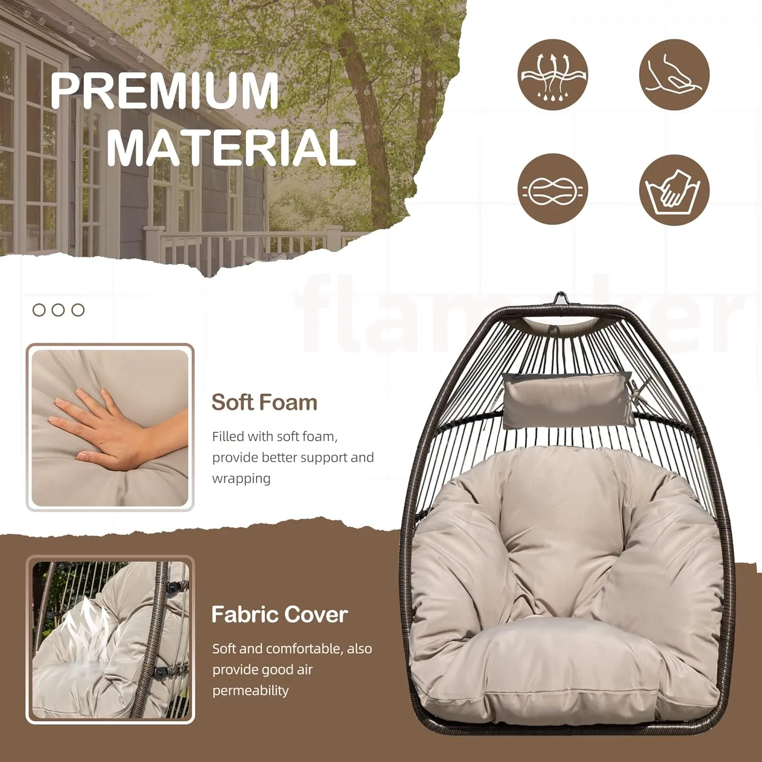 New Egg Chair Indoor Outdoor with Stand Swing Hanging Hammock Chair with Soft Cushion Patio Aluminum Frame Wicker Chair for Outside Bedroom 350lbs Capacity (Beige)