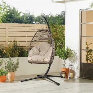 New Egg Chair Indoor Outdoor with Stand Swing Hanging Hammock Chair with Soft Cushion Patio Aluminum Frame Wicker Chair for Outside Bedroom 350lbs Capacity (Beige)