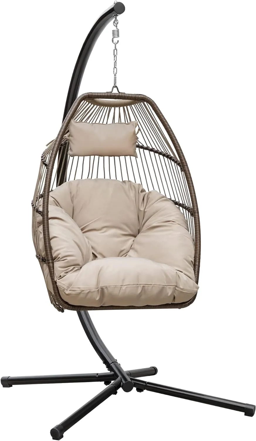 New Egg Chair Indoor Outdoor with Stand Swing Hanging Hammock Chair with Soft Cushion Patio Aluminum Frame Wicker Chair for Outside Bedroom 350lbs Capacity (Beige)