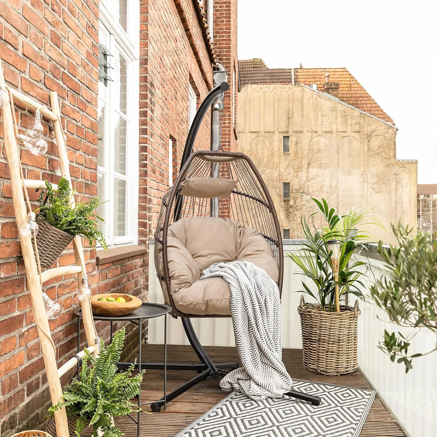 New Egg Chair Indoor Outdoor with Stand Swing Hanging Hammock Chair with Soft Cushion Patio Aluminum Frame Wicker Chair for Outside Bedroom 350lbs Capacity (Beige)