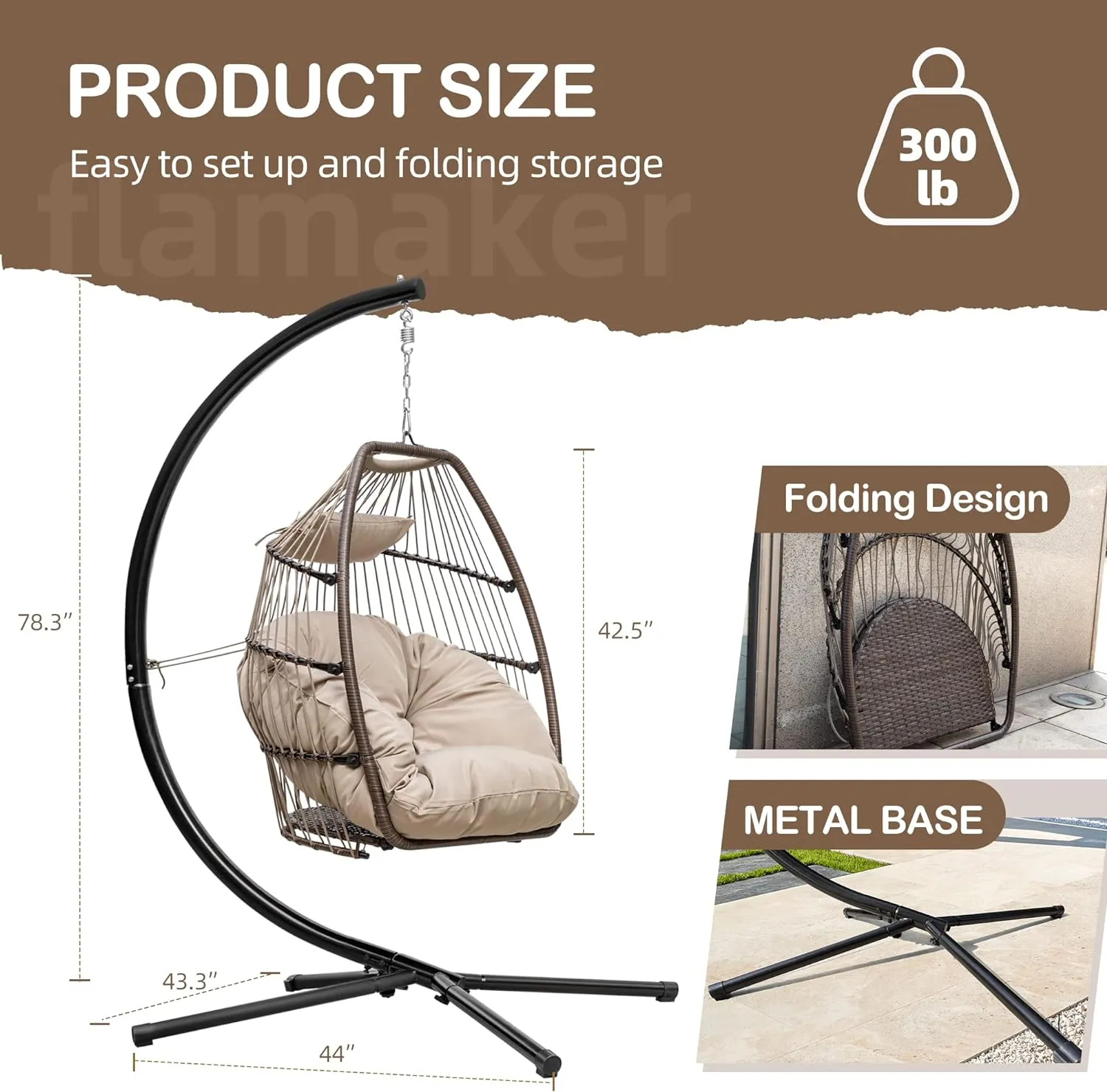 New Egg Chair Indoor Outdoor with Stand Swing Hanging Hammock Chair with Soft Cushion Patio Aluminum Frame Wicker Chair for Outside Bedroom 350lbs Capacity (Beige)