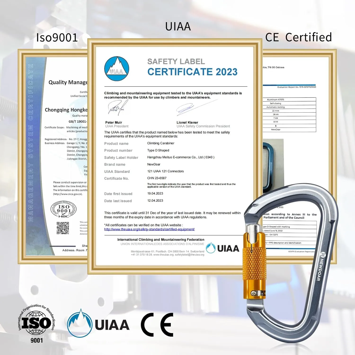 NewDoar 28KN UIAA & CE Certified Auto Climbing Carabiner Professional Heavy Duty Caribeaner for Rappelling D-Shaped