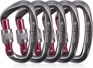 NewDoar Heavy Duty Locking Carabiner 24KN/5400lbs,Screwgate Locking for Keychain Dog Leashes&Harness, Heavy Duty Clips for Camping, Hiking, Swing, Hammock (D Shape Grey 5pcs)