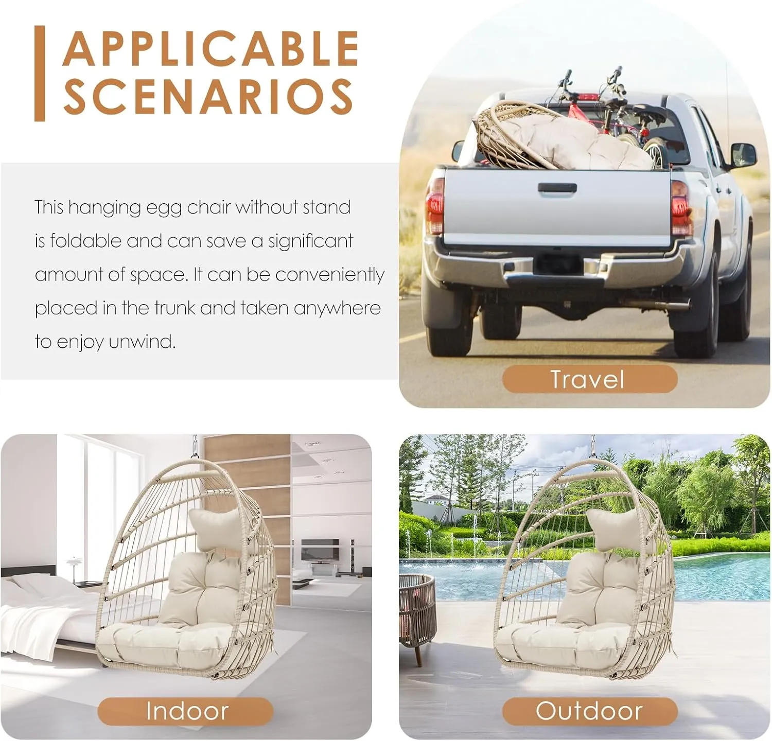 NICESOUL Egg Chair Without Stand Indoor Outdoor, Comfy Patio Wicker Hanging Chair with Cushion, 350lbs Swing Hammock Egg Basket Chairs, All Weather Ceiling/Tree Chairs for Balcony, Beige NO Stand