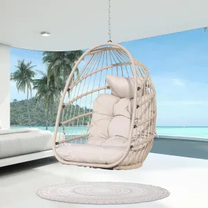 NICESOUL Egg Chair Without Stand Indoor Outdoor, Comfy Patio Wicker Hanging Chair with Cushion, 350lbs Swing Hammock Egg Basket Chairs, All Weather Ceiling/Tree Chairs for Balcony, Beige NO Stand