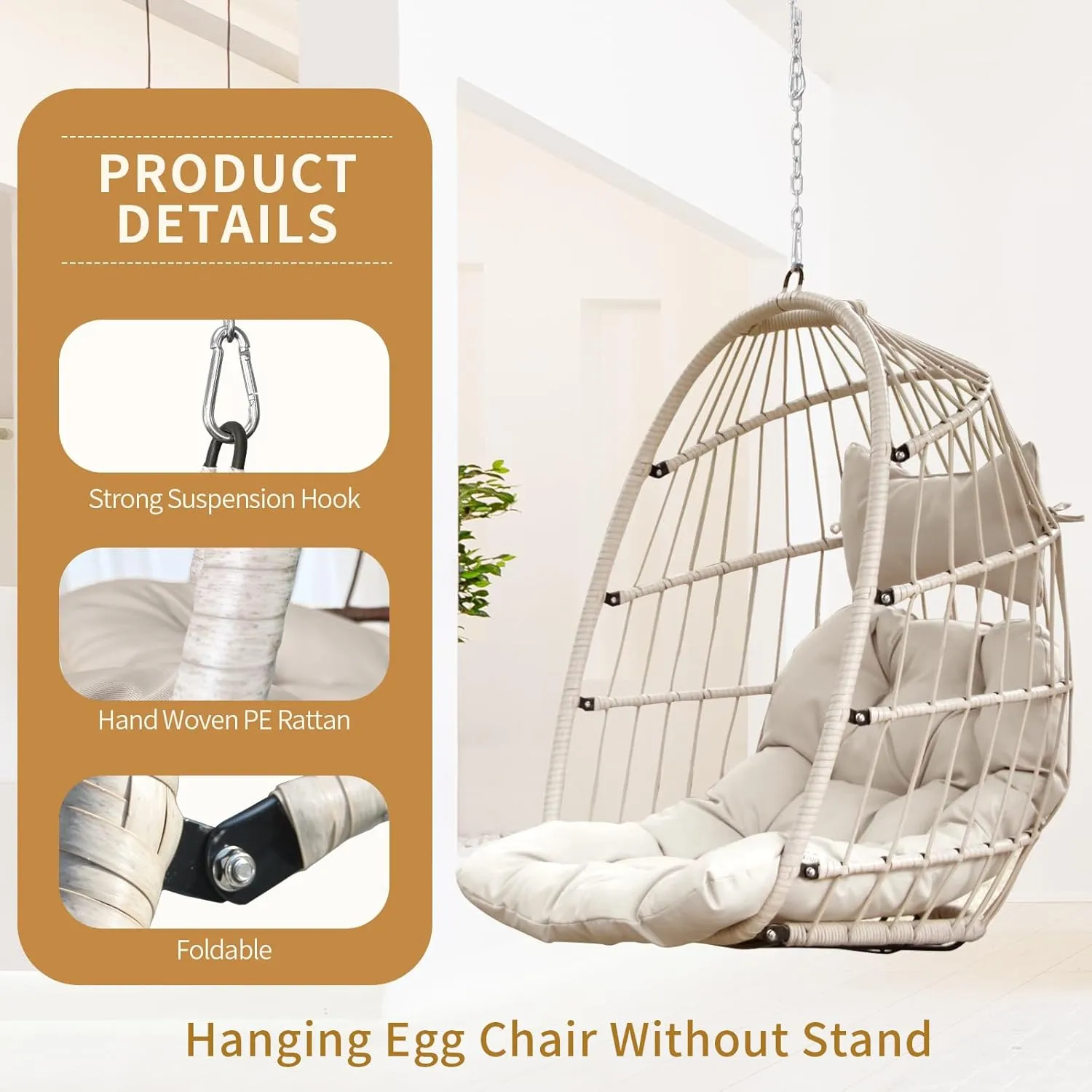 NICESOUL Egg Chair Without Stand Indoor Outdoor, Comfy Patio Wicker Hanging Chair with Cushion, 350lbs Swing Hammock Egg Basket Chairs, All Weather Ceiling/Tree Chairs for Balcony, Beige NO Stand