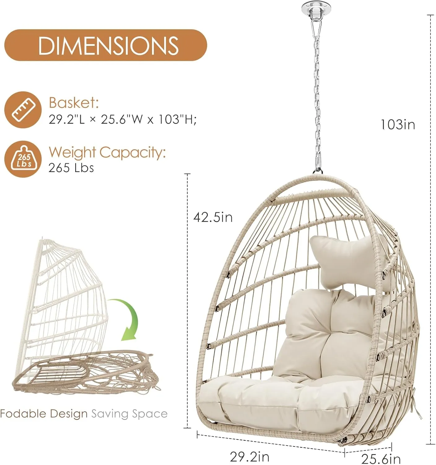 NICESOUL Egg Chair Without Stand Indoor Outdoor, Comfy Patio Wicker Hanging Chair with Cushion, 350lbs Swing Hammock Egg Basket Chairs, All Weather Ceiling/Tree Chairs for Balcony, Beige NO Stand