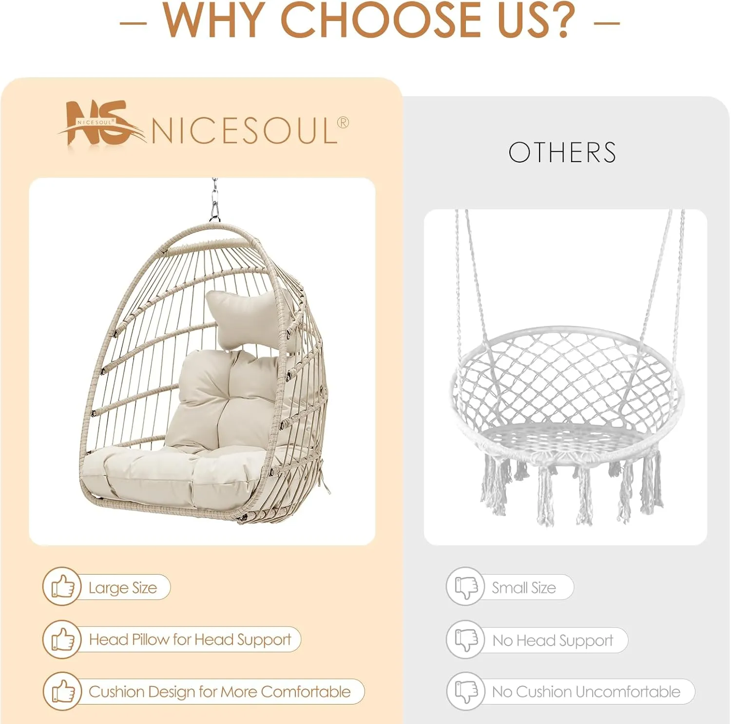 NICESOUL Egg Chair Without Stand Indoor Outdoor, Comfy Patio Wicker Hanging Chair with Cushion, 350lbs Swing Hammock Egg Basket Chairs, All Weather Ceiling/Tree Chairs for Balcony, Beige NO Stand