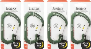 Nite Ize Aluminum SlideLock Carabiner - Daily Use & Lightweight Carabiner - Compact Aluminum Carabiner with Lock - Versatile Rectangular Carabiner - Size 4, Olive (4 Pack)