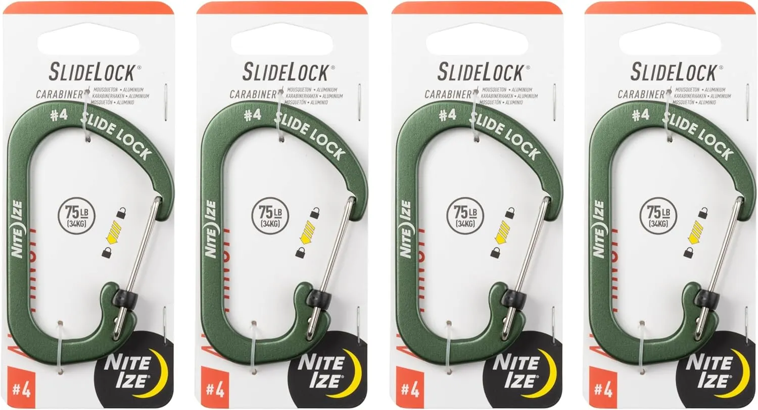 Nite Ize Aluminum SlideLock Carabiner - Daily Use & Lightweight Carabiner - Compact Aluminum Carabiner with Lock - Versatile Rectangular Carabiner - Size 4, Olive (4 Pack)