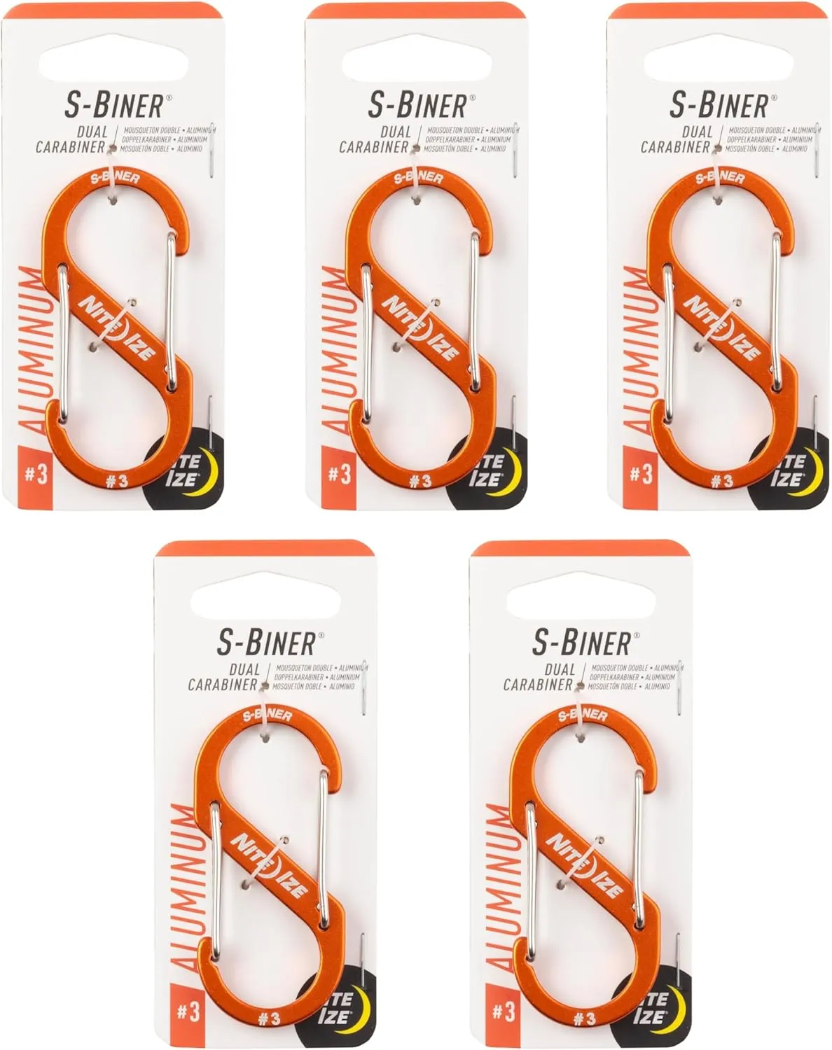 Nite Ize S-Biner Aluminum Dual Carabiner - Durable Dual Carabiner with Wire Gate Closure for Organizing Keys & Gear Attachments - Size 3, Orange (5 Pack)