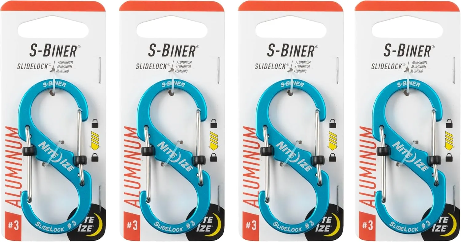 Nite Ize S-Biner SlideLock Aluminum - Durable Dual Carabiner - Locking Aluminum S-Biner - Secure Keys & Gear with Lockable Carabiner - Size 3, Blue (4 Pack)