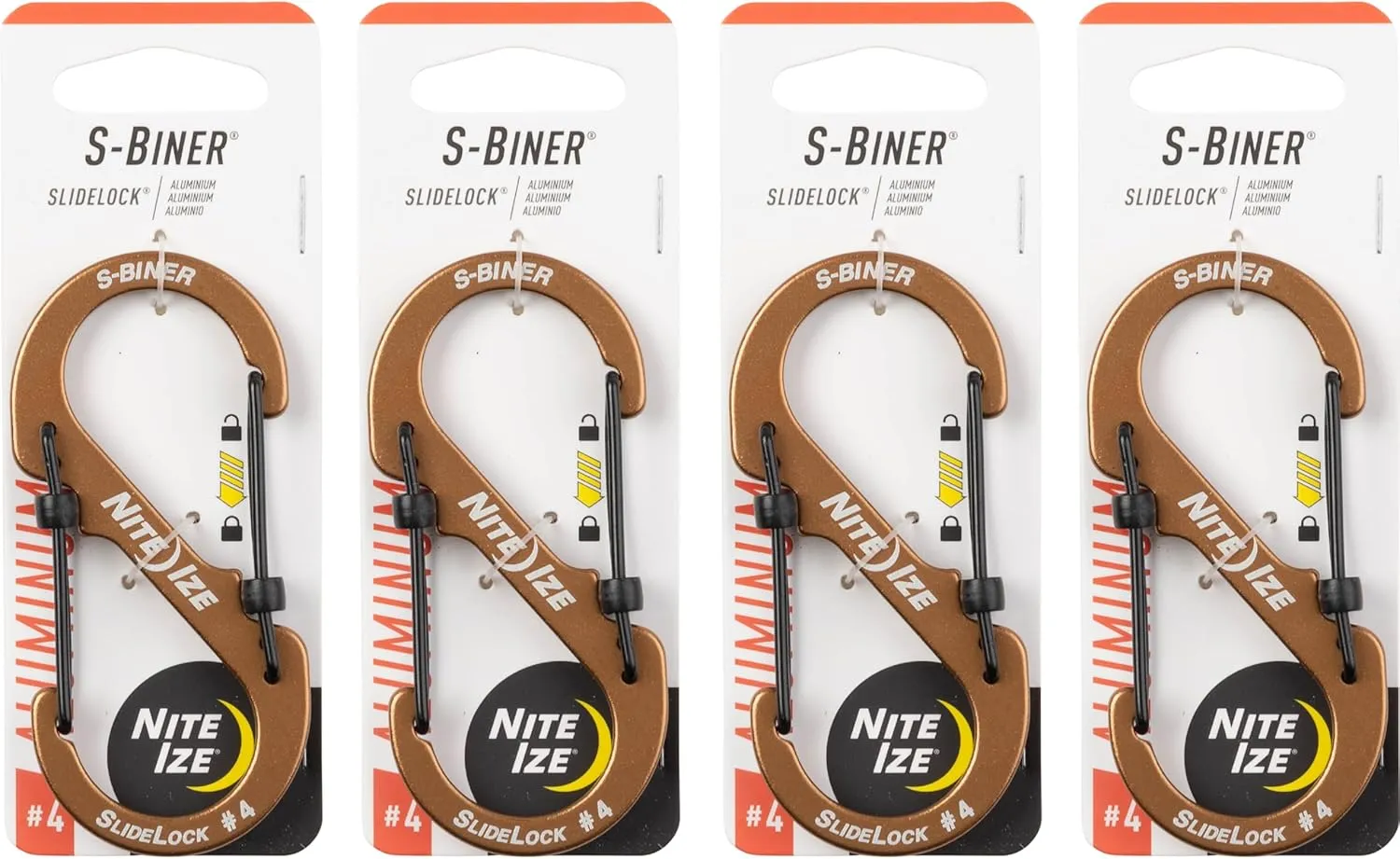Nite Ize S-Biner SlideLock Aluminum - Durable Dual Carabiner - Locking Aluminum S-Biner - Secure Keys & Gear with Lockable Carabiner - Size 4, Coyote (4 Pack)
