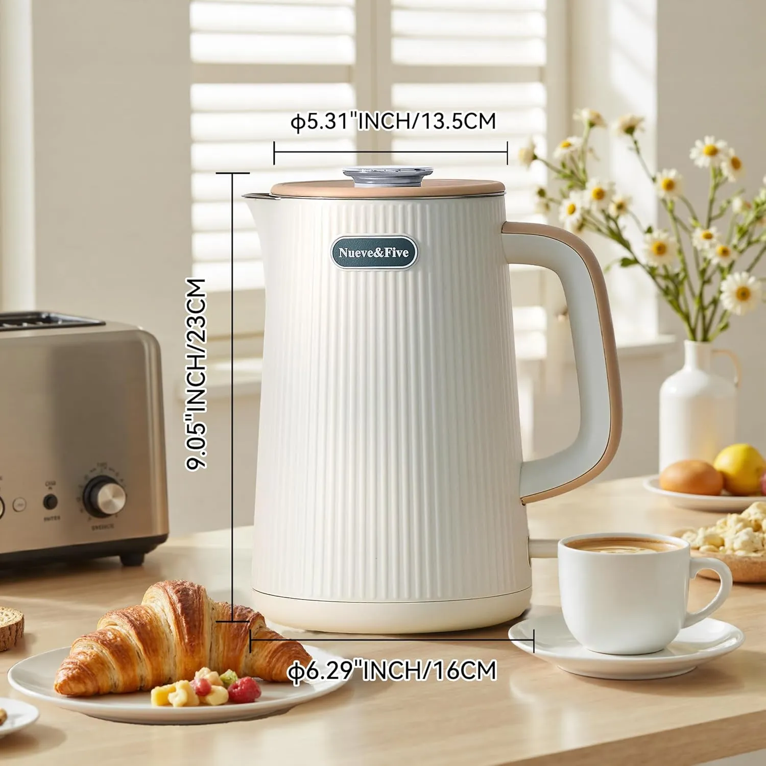 Nueve&Five 1.7L Electric Kettle,Double Wall Electric Tea Kettle,Auto Shut Off,1200W Hot Water Kettle Electric of 304 Stainless Steel-Cream White