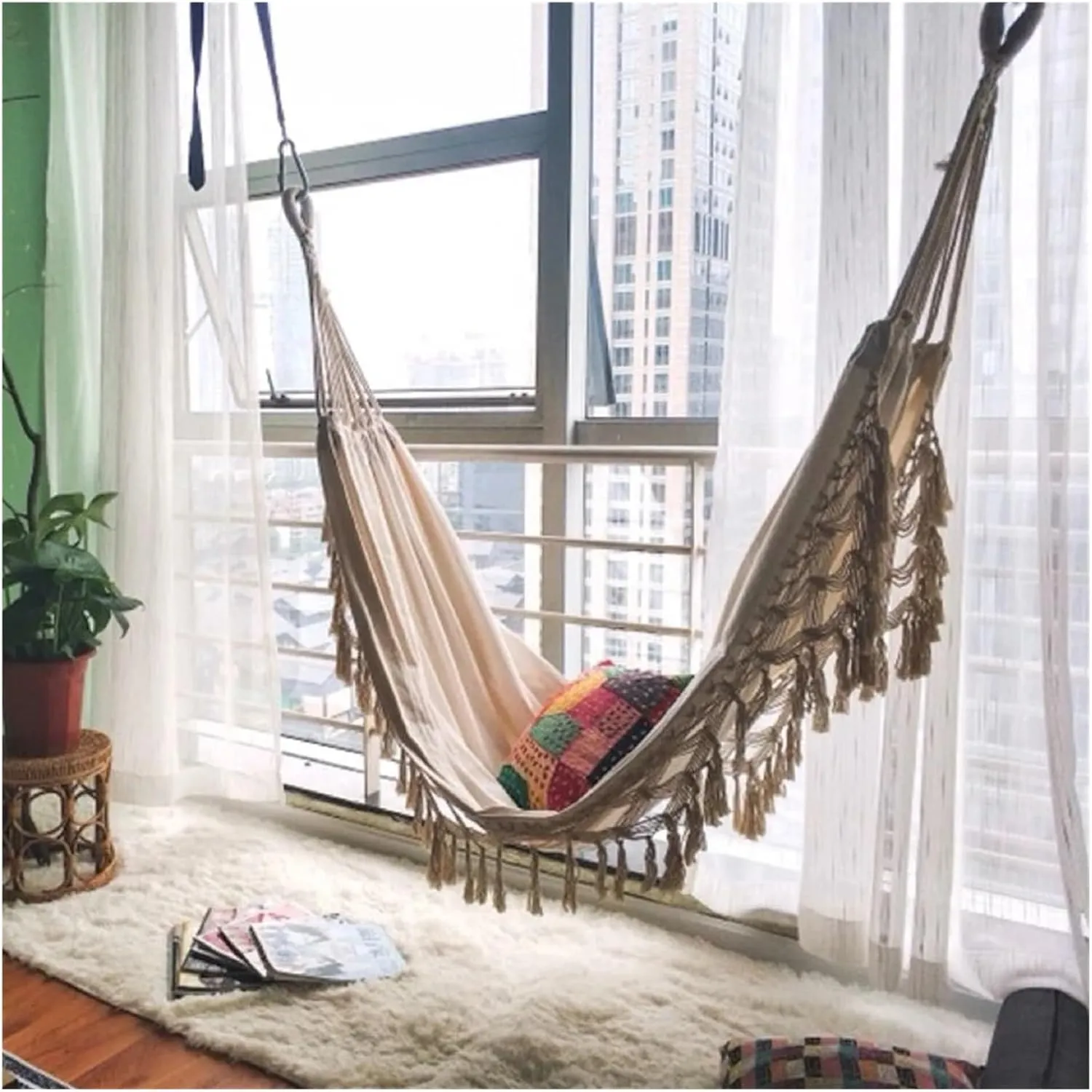 Nylon Parachute Hammock Net Outdoor Garden Hammock Tassel Canvas Swing Chair Hanging Bed Hiking Camping Foldable Terrace Hammock(Style3)
